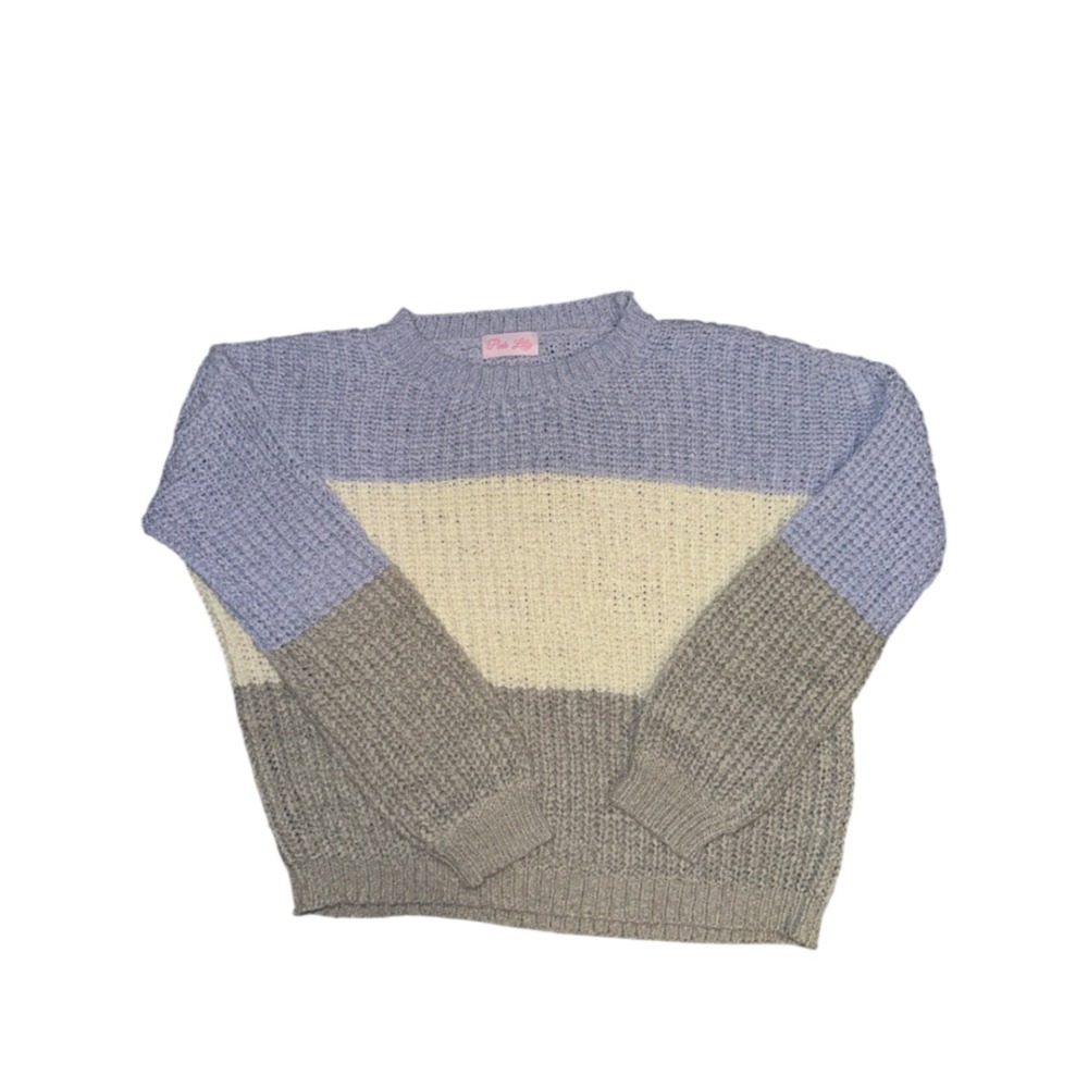 Pink Lily S Chunky Knit Color Block Sweater Long Sleeve Crew Neck Cozy Pullover